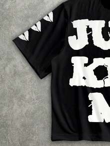 Manfinity ZONE917 Loose Street Style Faux Embroidered "JUST " Red Lip Print Cropped Oversized T-Shirt - Multicolor - View 4