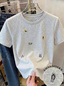 GlowEve Women's Casual Sports Style Spring/Summer New Vacation Pattern Embroidery Round Neck Loose Relaxed Vacation T-Shirt Grey T-Shirt Embroidered T-Shirt Summer T-Shirt Grey Graphic T Shirt Short Sleeve T-Shirt - Grey - View 1