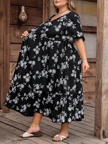 SHEIN CURVE+ Đầm dự tiệc dành cho nữ, cỡ US22, chất liệu vải thêu họa tiết cây cỏ, phong cách Bohemia, chất liệu bền chắc, thích hợp cho lễ hội âm nhạc, kỳ nghỉ biển. - màu đen - Xem 6