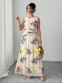 Elenzga Vestido casual sin mangas con estampado floral y drapeado para mujer de talla grande - Multicolor - Ver 3