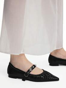 Mnmlis Women's Spring/Summer Fashion Silver Rivet Pointed Toe Flat Mary Jane Shoes, French Style Soft Leather Black Office Daily Wear - Black - View 8