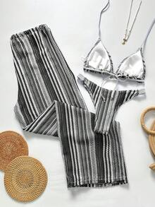 Swim Chiccia Women's Striped Swimsuit Set For Beach Vacation - Silver - View 2