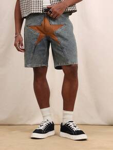 SUMWON Men's Star Print Denim Shorts With Contrast Brown Leather Star Applique Casual Summer Streetwear Style - Blue - View 2