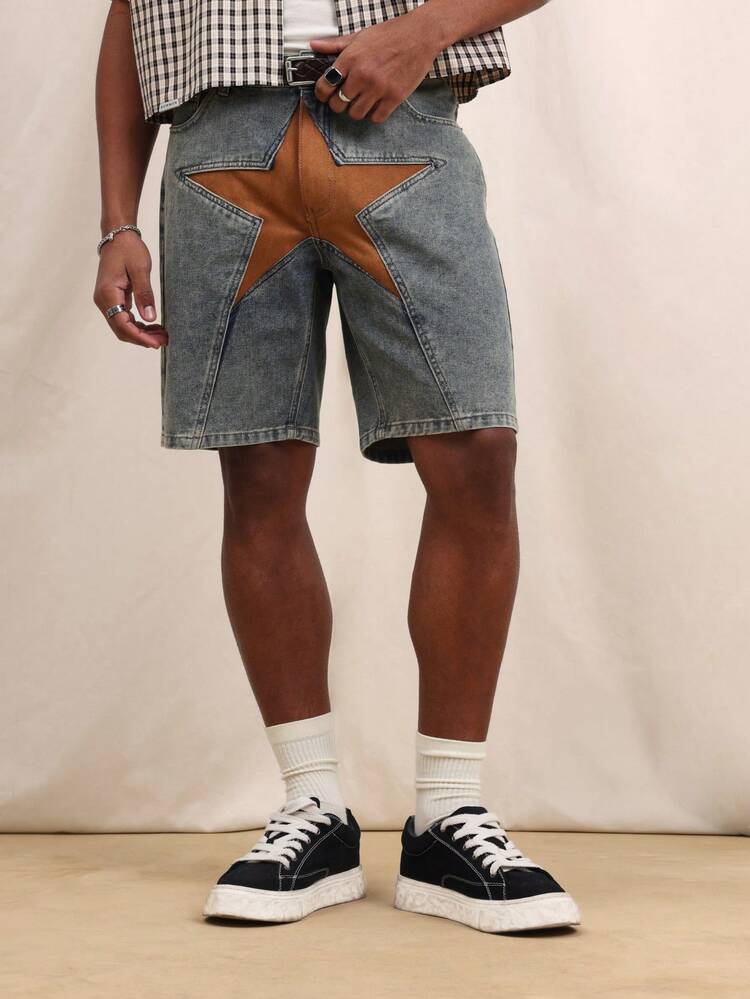 SUMWON Pantaloncini di jeans da uomo con stampa a stelle e applicazione in pelle marrone a contrasto, stile casual da strada per l'estate