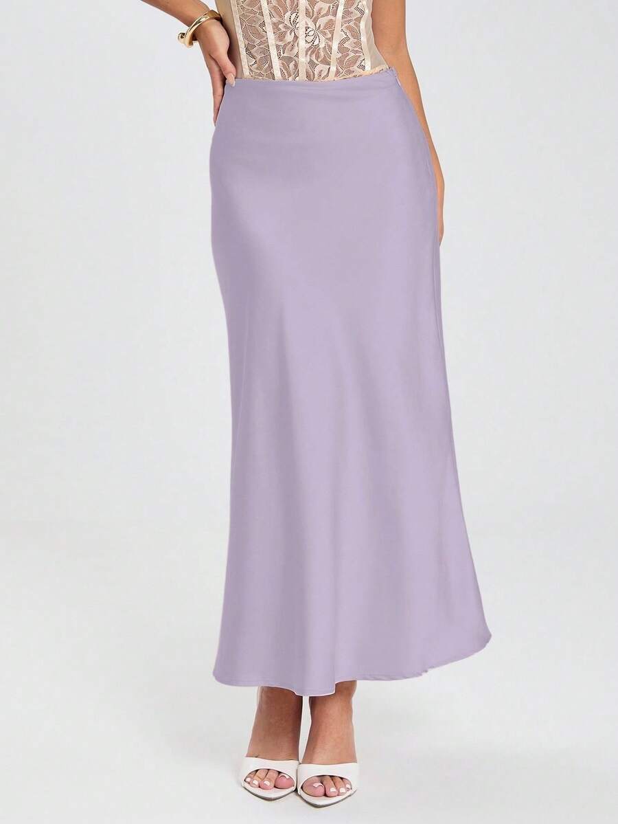 Glamine Falda de satén para mujer, falda con dobladillo de cola de pez versátil, para uso diario, falda larga marrón, faldas para uso formal, faldas largas para mujer, falda midi Y2K, falda larga para mujer, falda midi elegante y formal - Morado - Ver 1