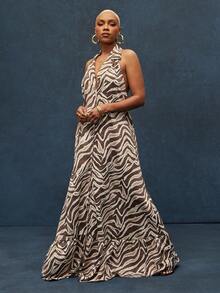 Zebra Print Sheer Chiffon Notched Collar Button Up Tiered Hem Maxi Shirt Dress - Multicolor - View 1