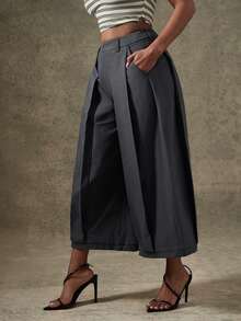 Vixey Quần culotte công sở cạp cao, chất liệu dệt trơn, có chi tiết phối vải. - Màu xám đen - Xem 3