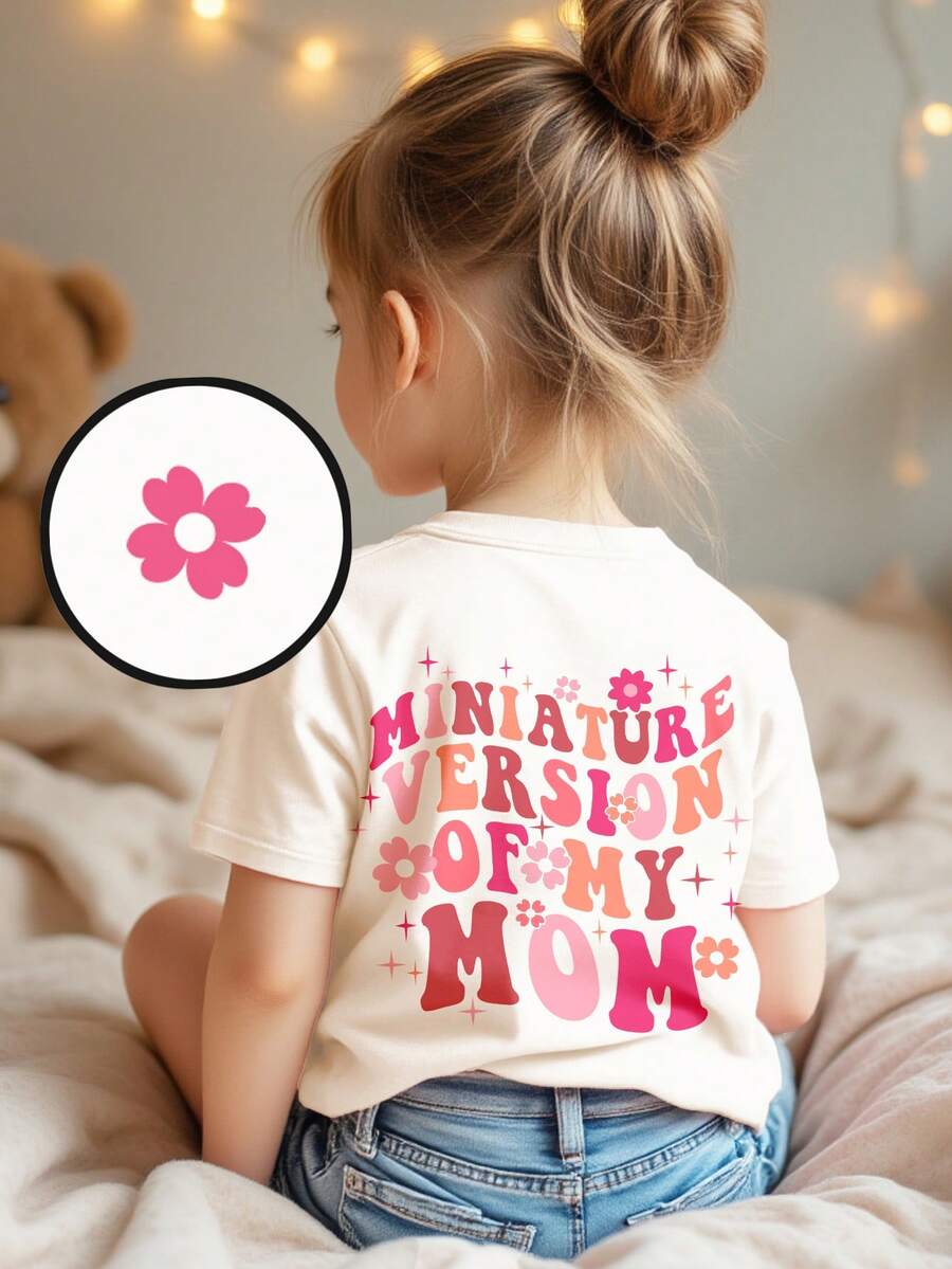 SHEIN 女童乳白色可愛趣味字母迷你版「我的媽媽」媽媽女孩休閒簡約短袖圓領T恤,適合春夏日常穿著,母女套裝,舒適百搭,時尚休閒,兒童甜美字母圖案上衣,新款,返鄉節、情人節氛圍,春夏款 - 彩色 - 查看 1