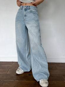 Quần jeans nữ ống rộng dáng suông, đa năng, có túi. - Màu xanh lam - Xem 3