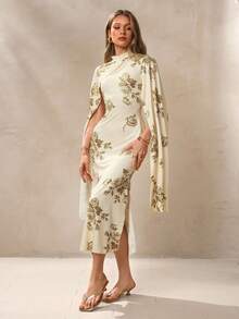 NOVVYNE 白色复古印花中长连衣裙，优雅修身剪裁，女士款 - 彩色 - 查看 5