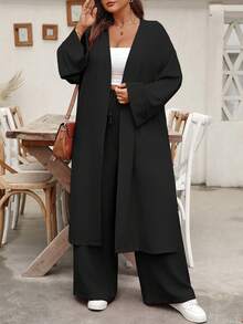 EMERY ROSE Conjunto casual de vacaciones de dos piezas: camisa larga tipo cardigan de talla grande y pantalones rectos - Negro - Ver 4