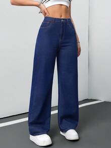 SHEIN PETITE CURVE 女款大尺碼海軍藍寬腿牛仔褲，親膚高腰寬鬆牛仔褲，休閒日常夏季街頭風，深色水洗休閒牛仔褲 - 藍色 - 查看 5