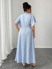 Elenzga Women's Elegant Commuter Casual Blue Jacquard V-Neck Irregular Ruffle Decor Button Fitted Waist Slimming Plus Size Maxi Dress, Spring/Summer - Sky Blue - View 2