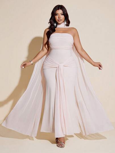 Viva Relle 大码女式纯色褶皱优雅收腰派对连衣裙