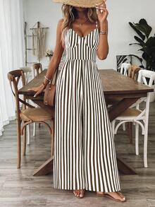 Breezaya Mono informal de mujer con estampado floral, de corte holgado, con tirantes finos y espalda abierta, para primavera/verano - Marrón - Ver 4