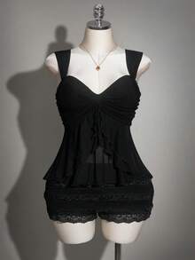 SHEIN ICON 大码女式纯色扭结前襟背心 - 黑色 - 查看 3