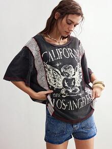 Bohemela Casual Knit Round Neck Loose Fit Short Sleeve T-Shirt For Women Graphic Tees Women Oversized T-Shirt Vintage T Shirts Women Black T-Shirt - Black - View 4