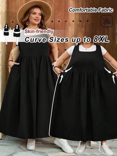 SHEIN CURVE+ Curve Size US22Music Festival, Seaside Vacation, Bohemia Women's Black Cotton Ultra Loose Long Dress With Pockets