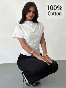 Firerie Áo kiểu nữ màu mơ, chất liệu sợi tre, vải lanh, phù hợp cho mọi mùa, cổ nhăn, tay áo bất đối xứng, xếp ly bên hông và thắt eo. - trắng - Xem 5