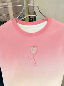 SHEIN Estilo de moda muy vendido, camiseta de manga corta con tulipán rosa degradado para niñas jóvenes, estilo de nicho para compras, estilo de moda para primavera y verano - Multicolor - Ver 4