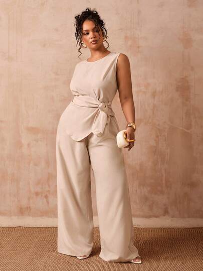 Veslaya Spring/Summer New Cruise Casual & Commute Casual & Daily Outing & Basic Commute & Party & Family Gathering & Casual Daily & Office Daily & Business & Elegant Commute & Vacation Casual Women Plus Size 2-Piece Set - White Sleeveless Round Neck Top With Waist Tie And Wide Leg Pants, Woven Fabric