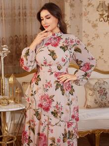 Reflora 大码女式印花立领优雅收腰派对连衣裙 - 粉色 - 查看 10