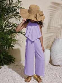 Conjunto de top halter de unicolor y pantalones de pierna ancha casual de vacaciones para niña - Púrpura malva - Ver 4