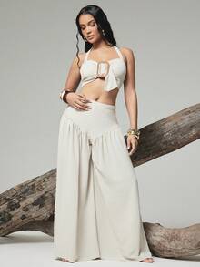 Hauture Áo quây gợi cảm cho nữ, kiểu dáng suông, lưng nhún, buộc dây, có khóa cài thời trang. - Màu be - Xem 4