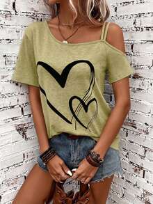 SHEIN LUNE Women's Off-Shoulder Grey T-Shirt With Heart Pattern, Suitable For Music Festivals,Summer Top - Olive Green - View 3