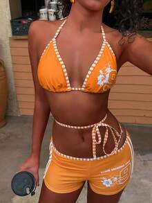 Swim Vcay 三件套女士泳装比基尼套装。夏日日落橙色印花，度假比基尼，平角泳裤，热带芙蓉印花，内置胸罩的露脐背心吊带泳衣，适合度假、海滩、花园等场合，性感优雅，适合泳池派对、度假、都市海滩等各种场合，波西米亚风情，2026春夏系列，女士沙滩装，女士泳衣。 - 橘色 - 查看 7