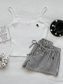 Conjunto de 2 piezas de mujer con tirantes finos, encaje, parches y lazo con estampado de lunares, para verano - Blanco y Negro - Ver 4