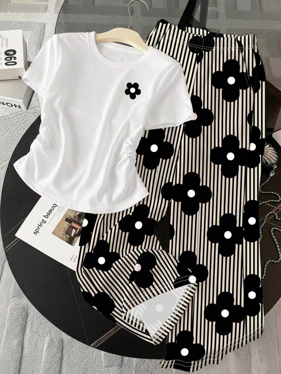 Teen Girl Summer Casual Short Sleeve T-Shirt & Striped Pants Set - Multicolor - View 1