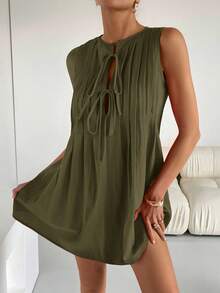 Siren Gaze 女士休闲纯色系带无袖迷你连衣裙，夏季 - 軍綠色 - 查看 4