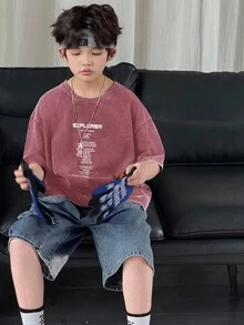 青少年男孩标语印花圆领短袖休闲T恤 - 酒紅色 - 查看 3