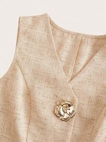 Ellevyn 女士无袖金属玫瑰纽扣衬衫，法式风格，休闲通勤装，尽显优雅气质，夏季款 - 駝色 - 查看 5