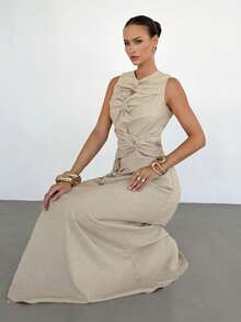 Siren Gaze Women's Sleeveless Solid Color Twist Design Dress, Casual Tropical Jamaican Elegant Evening, Linen Flare, Summer, Vacation Beige Garden Party - Apricot - View 7