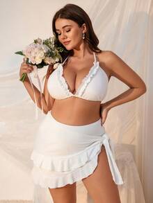 Swim Mod Summer Beach Women's Plus Size White Halter Neck, Spaghetti Strap, Lace Trim Bikini Set 3 Pieces Set - White - View 3