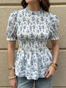 Solivie 女士立领印花褶皱休闲百搭日常衬衫 - 藍白色 - 查看 8