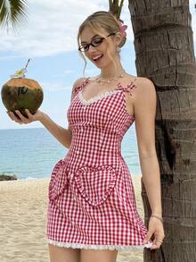 MainGRL Plaid Strap Women's Mini Dress - Red - View 3