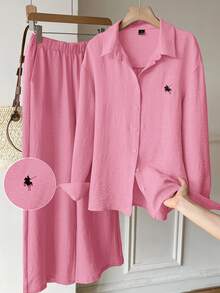 SHEIN EZwear Women's Knight Print Single-Breasted Long Sleeve Top And Wide-Leg Pants Casual Suit - Pink - View 2