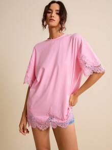 LOTSLUV Camiseta rosa holgada y casual de mujer con aplicación de encaje, para primavera/verano - Rosa - Ver 5