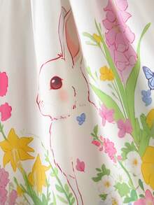 SHEIN Playful Pals Baby Girls' Cute Rabbit & Floral Print Sleeveless Dress, Spring/Summer - White - View 5