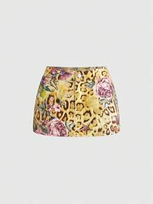ROMWE Vacation Hippie Retro Floral, Leopard, Fruit Print Low Waist Bodycon Denim Mini Skirt - Multicolor - View 1