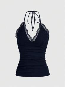 ROMWE PUNK Atasan Kasual Wanita Model Halter dengan Tali Renda dan Potongan Pas Badan - Royal Blue - View 3