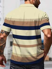 Manfinity Homme 商务休闲男士黄棕蓝条纹Polo衫，成熟风格胸前字母Logo休闲短袖上衣，休闲商务撞色领短袖T恤，男士撞色条纹领Polo衫，简约质感，适合作为礼物送给亲朋好友 - 彩色 - 查看 4