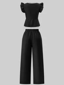 SHEIN Bộ 2 áo crop top tay lỡ họa tiết hoa cho bé gái tuổi teen có nơ trang trí và quần ống rộng - màu đen - Xem 2