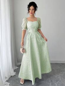 Modelyn 女士薄纱花瓣袖收腰喇叭下摆长连衣裙 - 薄荷綠 - 查看 5