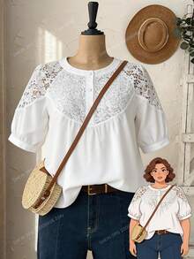 EMERY ROSE 大码女式纯色蕾丝拼接衬衫，春季女装，度假女装，休闲女式衬衫，白色衬衫，假日女装，海滩度假女装，蕾丝白色上衣，白色波西米亚风上衣，夏季大码衬衫，白色，大码上衣，白色蕾丝上衣，女士白色衬衫，优雅休闲女式衬衫，夏季上衣，新款衬衫，最新款女式上衣，法式衬衫，优雅衬衫，女士衬衫，休闲优雅女士衬衫，夏季最新款女士上衣，新款女士上衣和衬衫 - 白色 - 查看 1