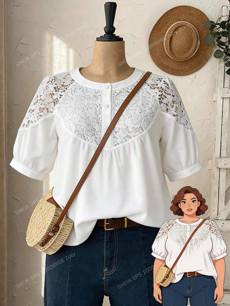 EMERY ROSE 大码女式纯色蕾丝拼接衬衫，春季女装，度假女装，休闲女式衬衫，白色衬衫，假日女装，海滩度假女装，蕾丝白色上衣，白色波西米亚风上衣，夏季大码衬衫，白色，大码上衣，白色蕾丝上衣，女士白色衬衫，优雅休闲女式衬衫，夏季上衣，新款衬衫，最新款女式上衣，法式衬衫，优雅衬衫，女士衬衫，休闲优雅女士衬衫，夏季最新款女士上衣，新款女士上衣和衬衫 - 白色 - 查看 1