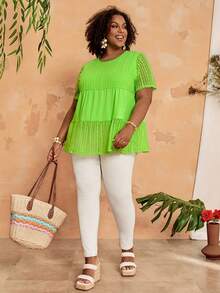 EMERY ROSE 大码女式绿色蕾丝拼接T恤 - 綠色 - 查看 3